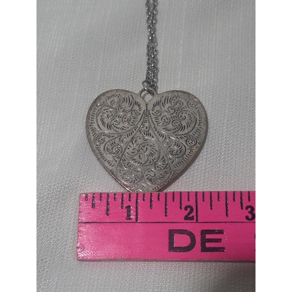 Silver Tone Heart Necklace Western Style Boho Engraved Large - Picture 3 of 6